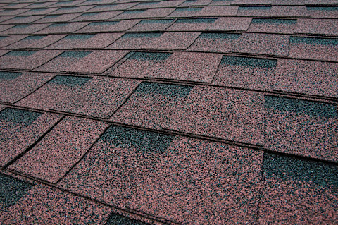 Closeup of a shingled roof. The shingles are mostly brown, though some have a black edge.