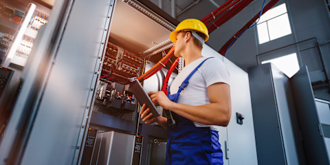 An electrician is checking a new system.