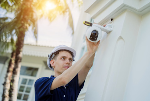 A technician wearing a hard hat installs a CCTV camera on the exterior of a white residential building in a tropical climate. Behind the technician are two tall palm trees, with sunlight filtering through their leaves.