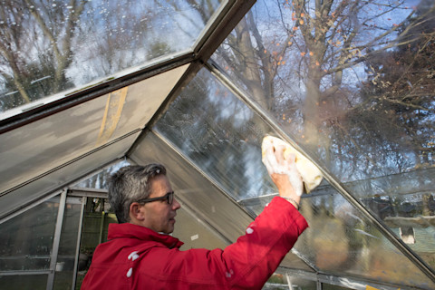 man-washes-greenhouse-interior