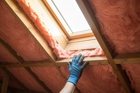 A pro works on the installation of attic insulation around a skylight. Only the pro’s gloved hand is visible.
