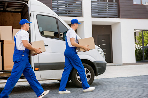 Two professionals are moving boxes out of a moving van.
