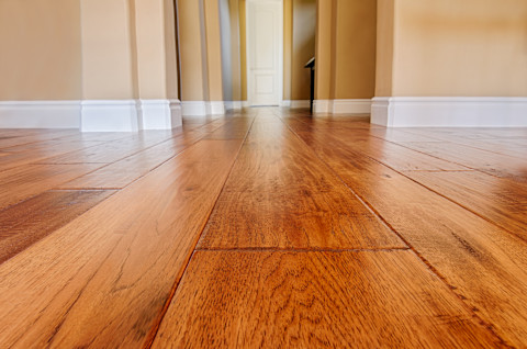 A grinding machine sands a dark hardwood floor. Both sanded and unsanded floor panels are visible.