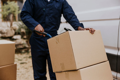 A professional mover uses a dolly to move two large cardboard boxes. Other cardboard boxes and a white van are visible in the background.