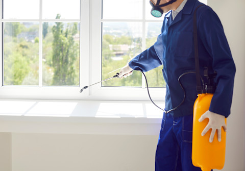 A pest control technician in protective clothing and gear sprays liquid along a window sill.