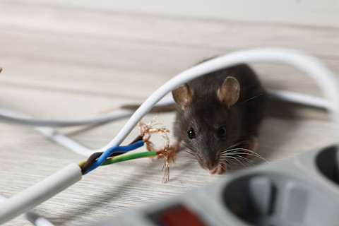 Shot from above of a rat on a closed toilet seat, with droppings behind it.