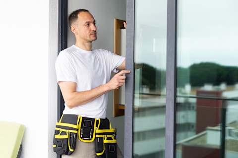 A pro wearing a tool belt installs a sliding patio door.