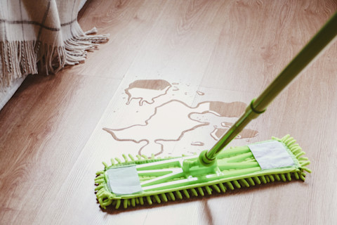 Closeup of a mop with a microfiber head about to clean up a water spill on laminate flooring.