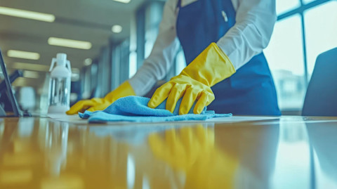 An office cleaner wearing rubber gloves and apron wipes down the surface of a modern conference table in an office with lots of natural light.