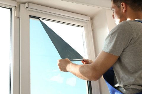 This image shows a professional window tinter applying film to a window in a home.