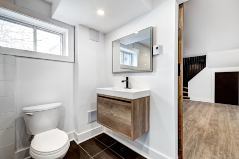 A finished basement, including bathroom and main area. Two different types of flooring are visible.