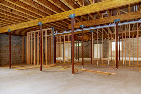 A wooden basement construction