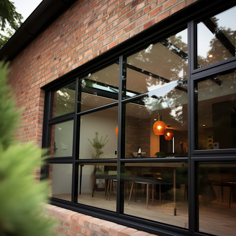 Modern aluminium windows with black frames are installed on a building. The design emphasizes clean lines and contrast.