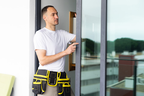 A pro wearing a tool belt installs a sliding patio door.