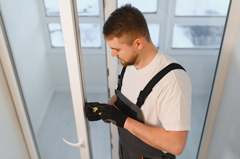 A door installation pro wearing overalls and gloves uses a screwdriver on a PVC door.