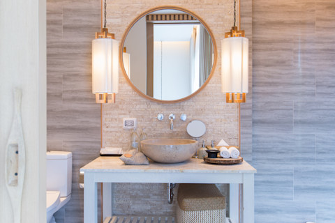 Bathroom with ambient lighting in it.