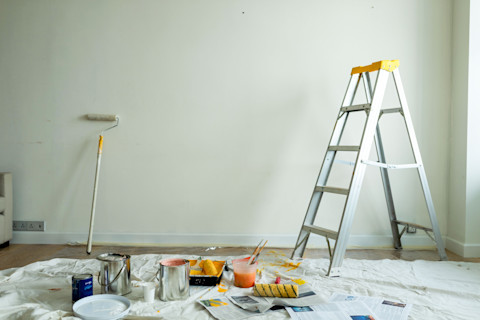 A wide shot of a white wall, with several kinds of painting equipment. A tarp, ladder, a few buckets of paint, some brushes and a tray are all visible.