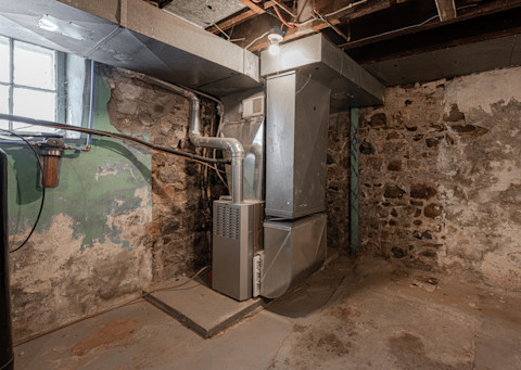 A furnace system sits in the corner of an unfinished basement.